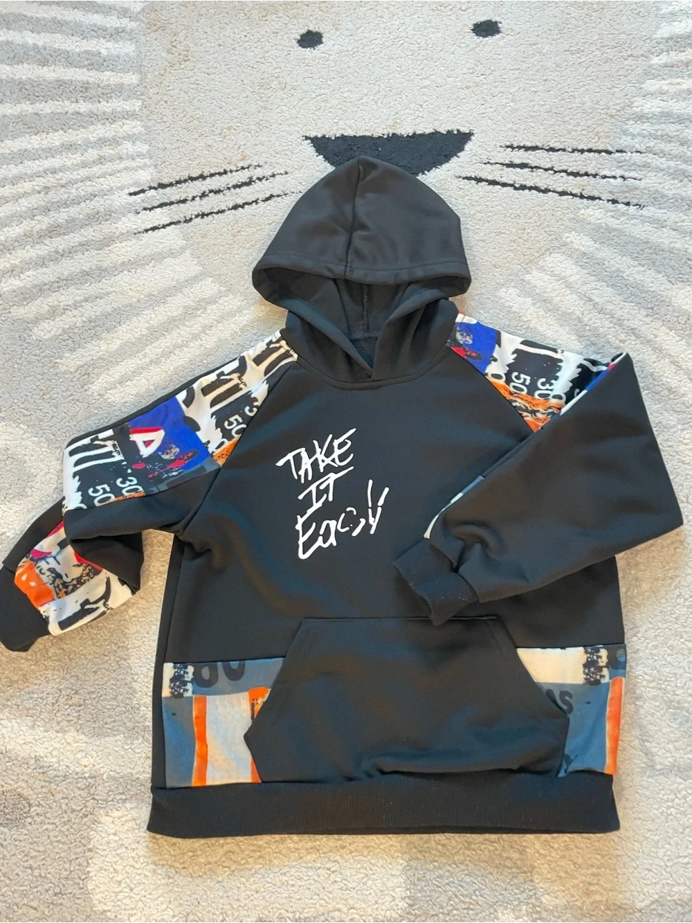 Kids Black Hoodie & Joggers Set with Graphic Patch Accents